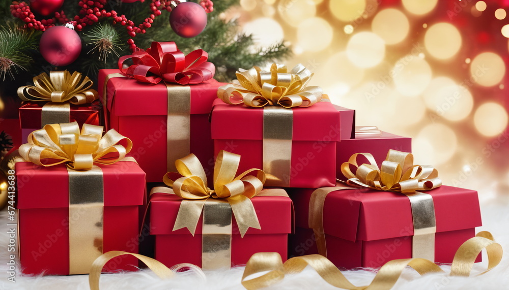 Festive Greetings: A Closeup of Red Gift Boxes and Christmas Tree Festive Greetings: A Closeup of Red Gift Boxes and Christmas Tree