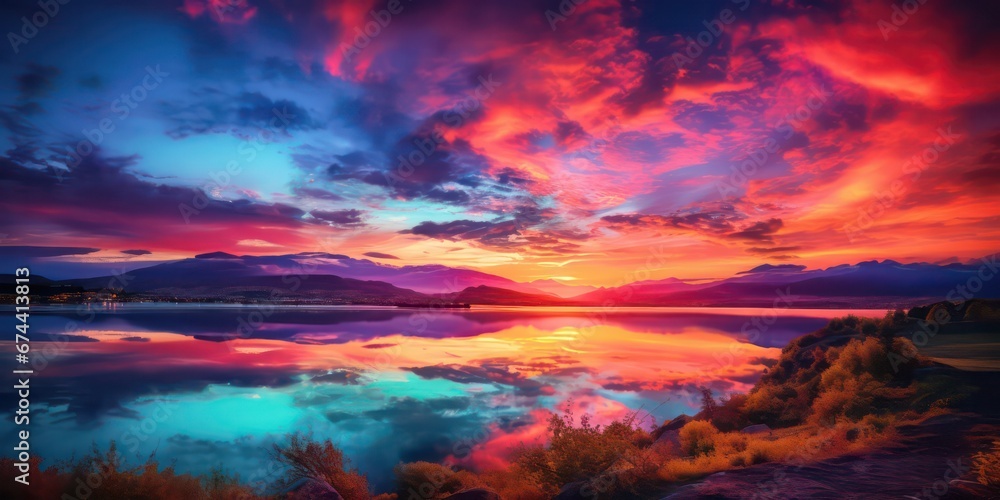 A sunset panorama, capturing the vivid hues of the sky as the sun sets, casting a warm and enchanting glow over the landscape.