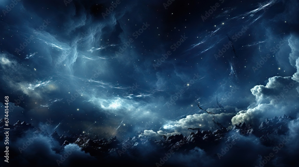 A fantasy night sky with swirling clouds, stars, and cosmic light over an ethereal mountain landscape