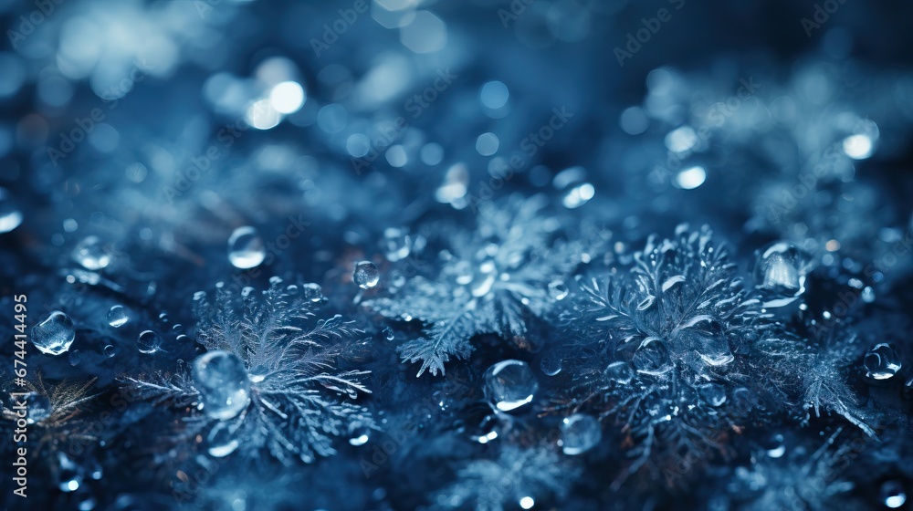 Intricate ice crystals and droplets, a mesmerizing macro shot of winter's delicate touch