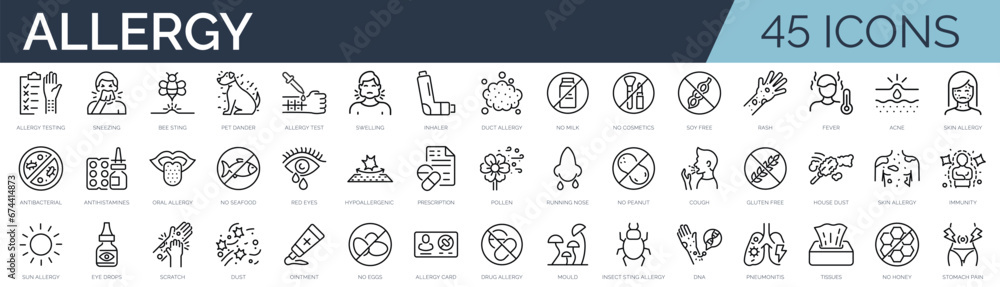 Set of outline icons related to allergy. Linear icon collection. Editable stroke. Vector illustration - obrazy, fototapety, plakaty 