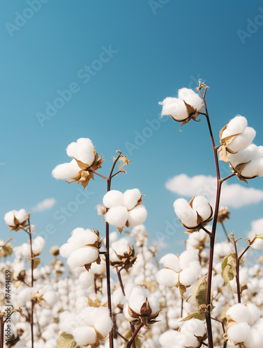 Close-up of white cotton plants in a field with a clear blue sky background © Photo An
