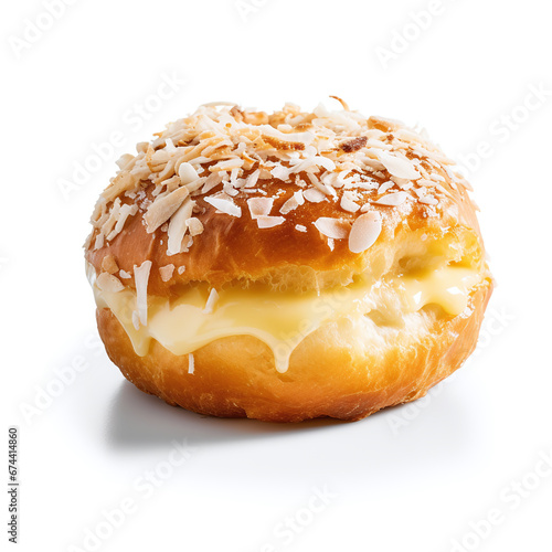 A large vanilla custard and coconut sweet bun on a plain white background photo