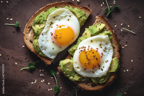 Top view of healthy breakfast toast with avocado and egg