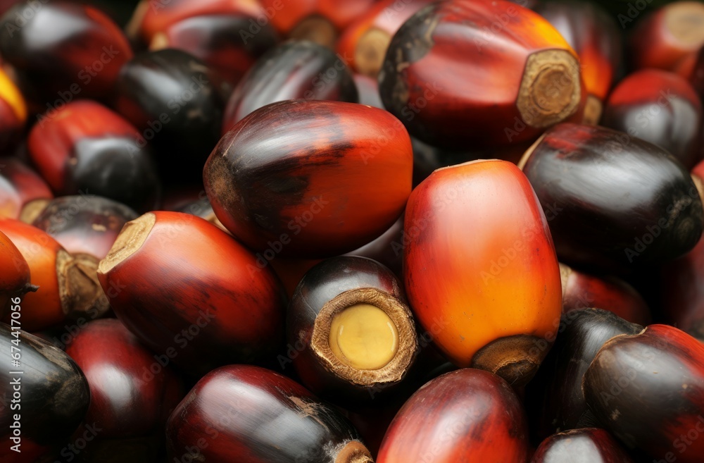 Obraz premium Oil palm seeds background. Agriculture nature fruit heap raw. Generate Ai