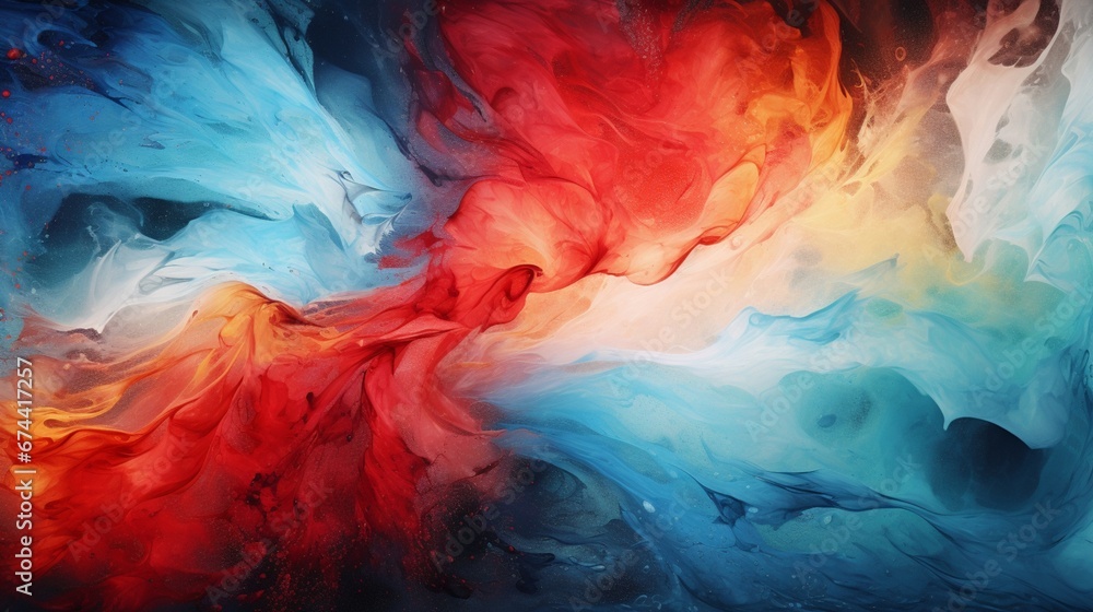 A dynamic collision of fiery reds and icy blues, forming an eye-catching