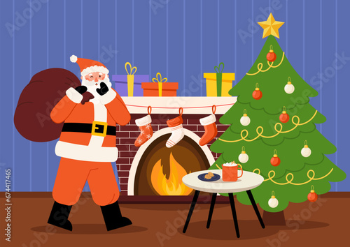 Christmas living room interior Santa Claus leaves presents. Cookies and mug of cocoa on table. Christmas tree, fireplace, stockings, indoor decoration. Vector illustration in flat style