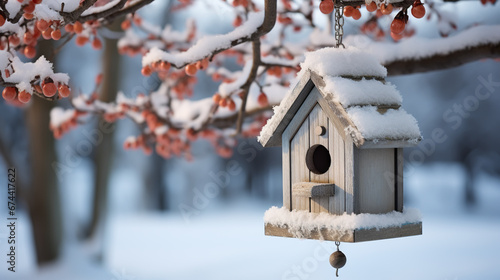 Bird box under snow during the winter © alexkich