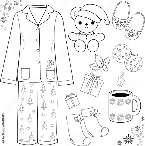 Christmas morning collection with pajamas, hot cocoa and gifts. Vector black and white coloring page.
