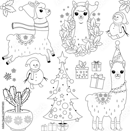 Cute llamas in Christmas costumes, Christmas tree, presents and other Christmas objects. Vector black and white coloring page.