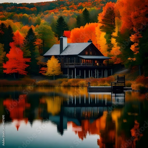"Lakeside Autumn Retreat: A Cozy House Amidst Fall Foliage"