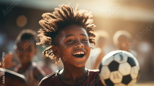 African boy playing soccer. 
