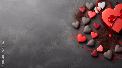 Valentines day heart shaped chocolate sweets and gift box. Top view with copy space © alexkich