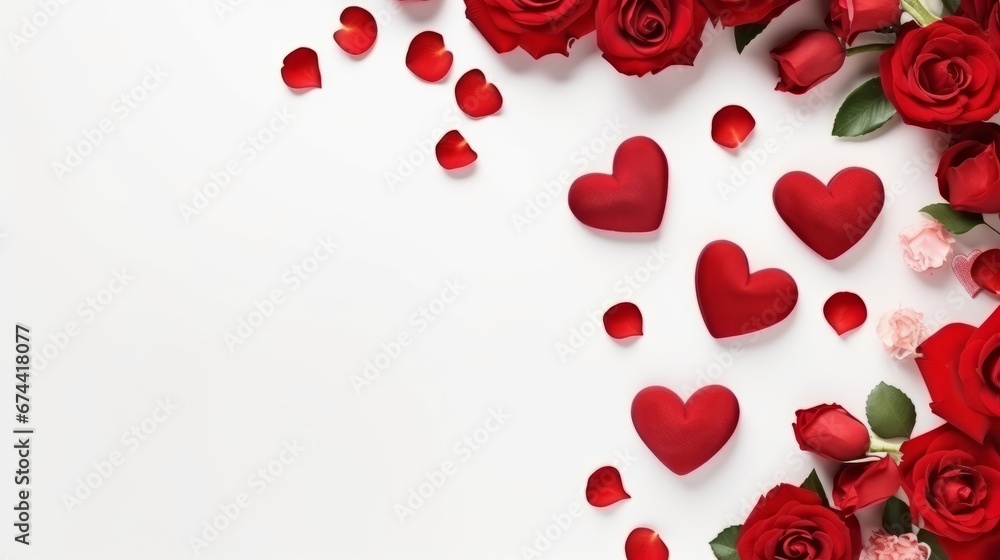 Valentines day flat lay - roses, gifts and hearts on a light color background with a copy space. AI generative Valentines day flat lay - roses, gifts and hearts on a light color background with a copy space. AI generative