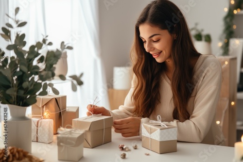 Anonymous woman packing a gift into a gift box. Female hands holding gift box. Hands packing Christmas, birthday present.