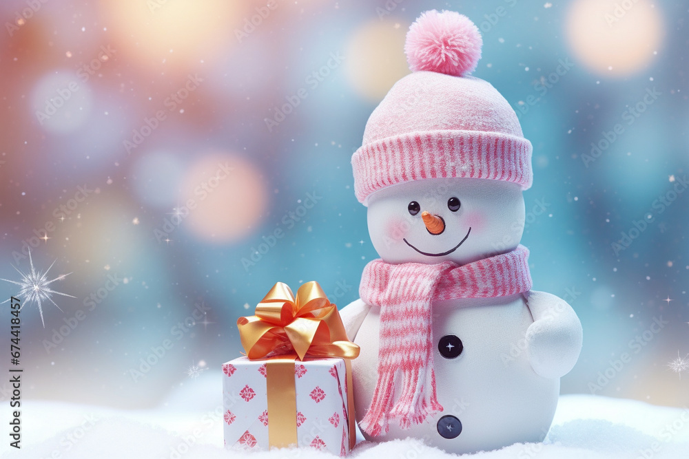 Happy cute smiling snowman with a birthday gift, christmas present, in winter landscape wearing pink knitted scarf and hat. Joyful banner for greeting or invitation card. Blurred bokeh background. Happy cute smiling snowman with a birthday gift, christmas present, in winter landscape wearing pink knitted scarf and hat. Joyful banner for greeting or invitation card. Blurred bokeh background.