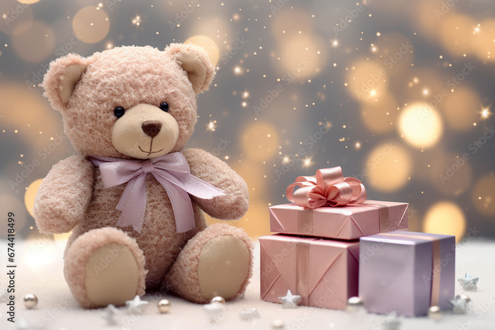 Cute teddy bear with birthday gift, christmas present. Joyful banner for seasonal greeting or invitation card. Golden bokeh background. Cute teddy bear with birthday gift, christmas present. Joyful banner for seasonal greeting or invitation card. Golden bokeh background.