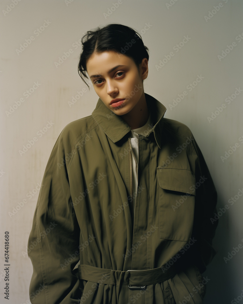 Beautiful Short Hair Model Wearing a Green Trench Coat. Isolated on a Plain Neutral Background. Generative AI.