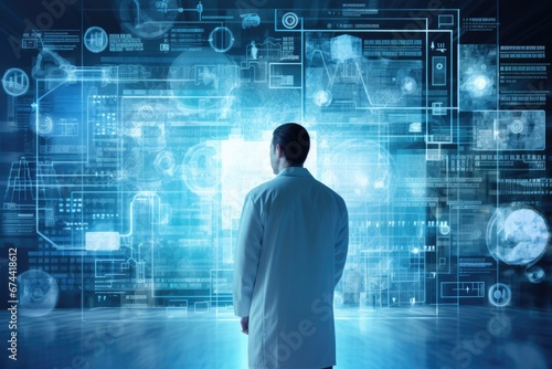 Rear view of businessman looking at media screen against blue technology background, Medical Healthcare Research and Development Concept, AI Generated