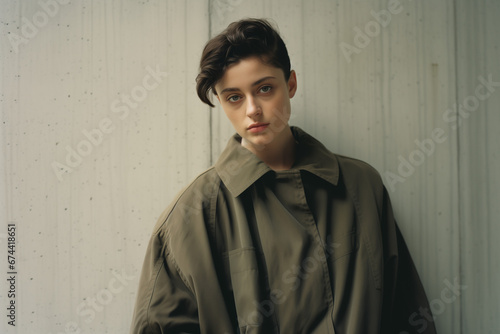 Beautiful Short Hair Model Wearing a Green Trench Coat. Isolated on a Plain Neutral Background. Generative AI. © Tuyres