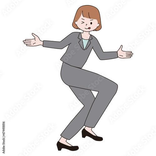 両手を広げて片足を上げたポーズのスーツの女性　舌ペロ