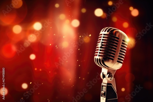 Retro microphone on stage with bokeh background, close up, Microphone for singer music background with spot lighting, AI Generated