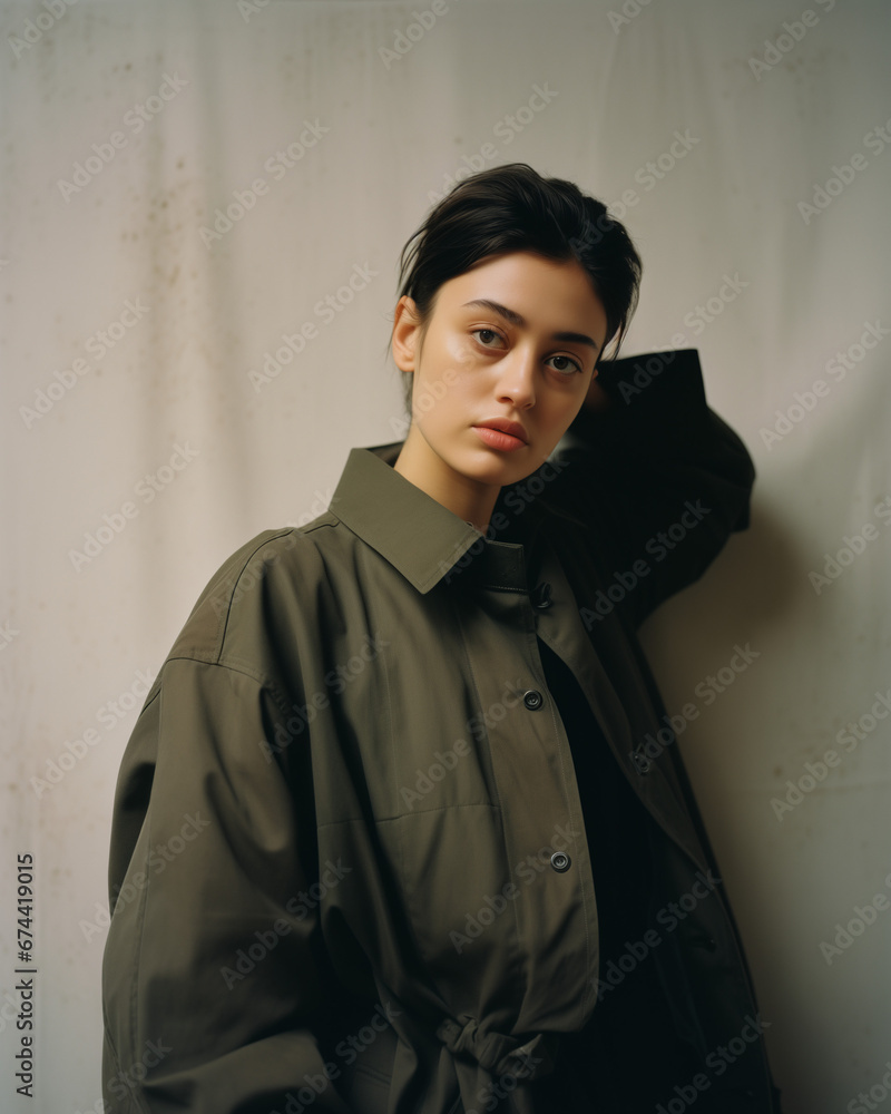 Beautiful Short Hair Model Wearing a Green Trench Coat. Isolated on a Plain Neutral Background. Generative AI. Beautiful Short Hair Model Wearing a Green Trench Coat. Isolated on a Plain Neutral Background. Generative AI.
