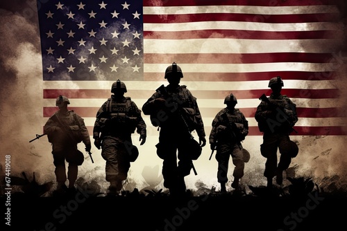 Silhouette of soldiers on the background of the American flag, military Soldier silhouettes against the American flag, AI Generated photo