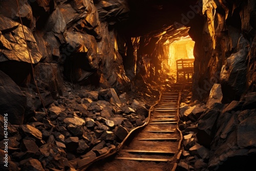 Interior of a mine with a wooden staircase leading to the light, mining gold in space, AI Generated