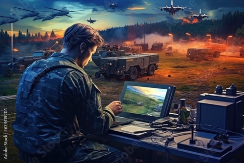 Military man with a computer in his hands on the background of military equipment, Mobile military base, soldier engineer transmits aerial pictures and data from drone to artillery, AI Generated
