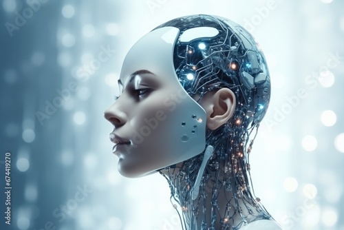 3D rendering of a female cyborg in front of a blue background, Modern AI robot close up view portrait on a digital background, AI Generated