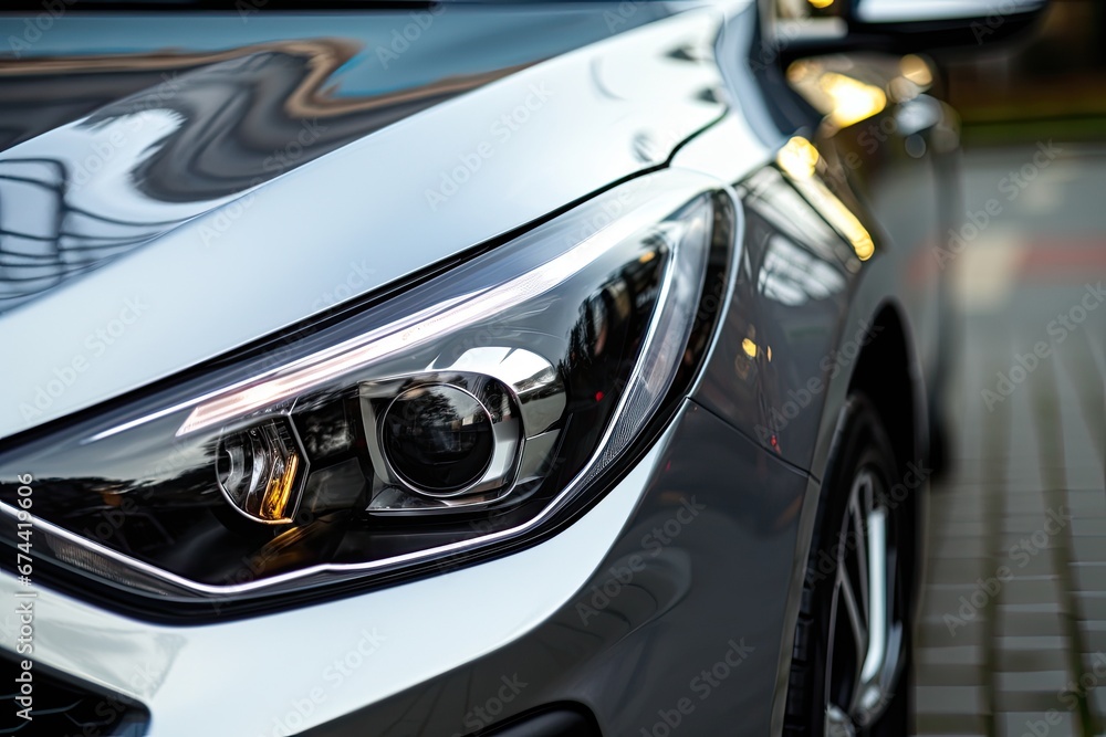 Close up of the headlight of a modern car. Selective focus, Modern silver car parking on the road. Close up. Headlights detail, AI Generated