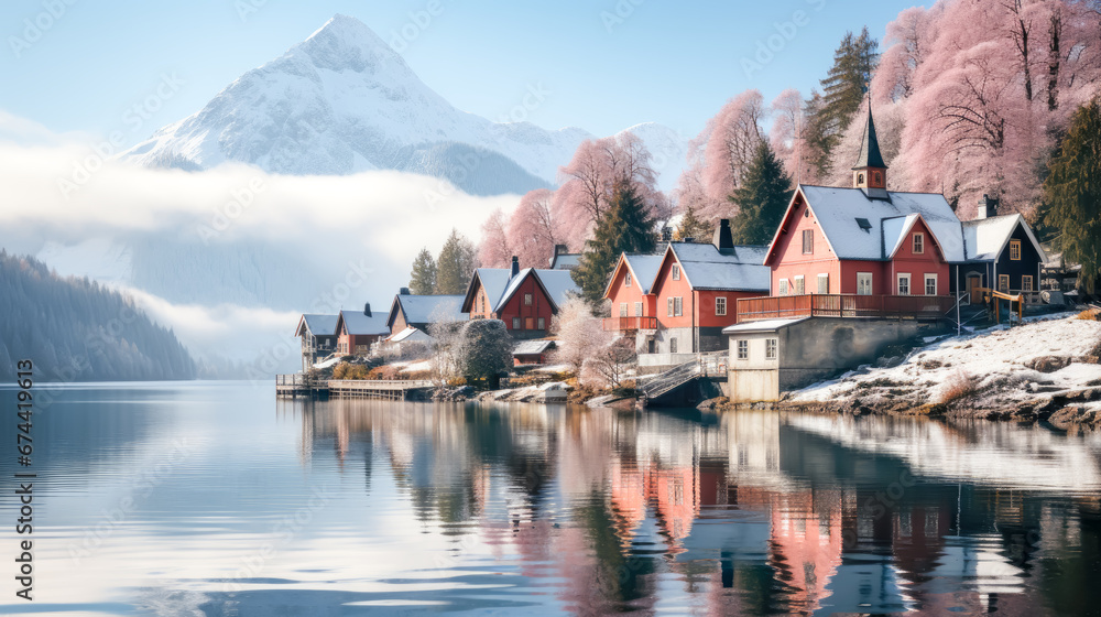 Scandinavian winter peaceful landscape of foggy morning in a Norwegian fjord village, with soft pastels of the houses reflecting in calm water. Beautiful mountain landscape in winter - obrazy, fototapety, plakaty 