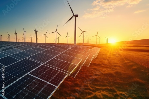 solar energy panels and wind turbines at sunset, alternative electricity source, Modern Wind turbines and solar panels sunset light. Concept eco green renewable energy, AI Generated