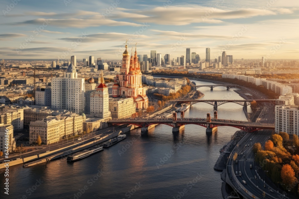 Obraz premium Panoramic view of Moscow and the Spassky Bridge, Moscow skyline with the historical architecture skyscraper and Moskva River and Arbat street bridge, Aerial view, AI Generated