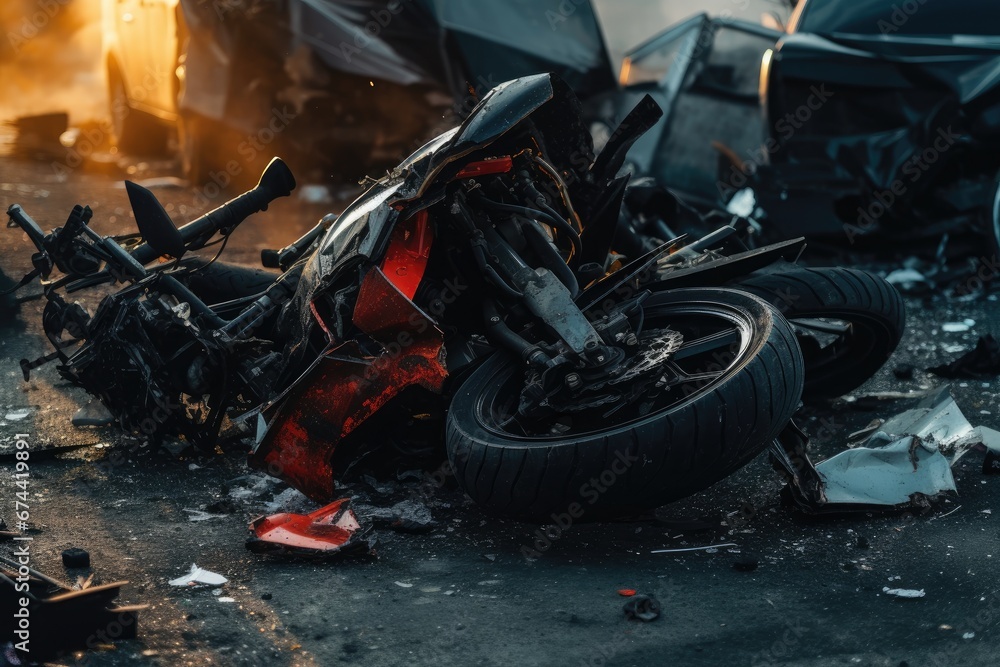 Motorcycle accident on the road, Motorcycle bike accident and car crash, broken and wrecked moto on road, AI Generated - obrazy, fototapety, plakaty 