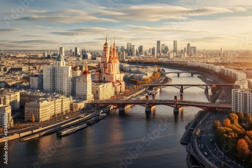 Panoramic view of Moscow and the Spassky Bridge  Moscow skyline with the historical architecture skyscraper and Moskva River and Arbat street bridge  Aerial view  AI Generated