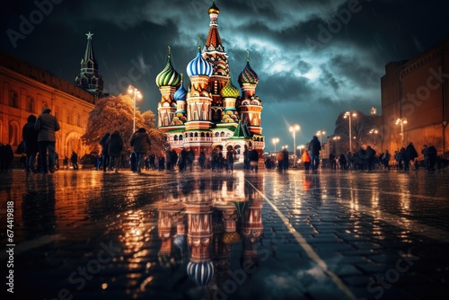St. Basil's Cathedral on Red Square in Moscow, Russia, Moscow St. Basil's Cathedral Night Shot, AI Generated