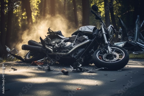 Broken motorcycle on the road after a car accident in the forest, Motorcycle bike accident and car crash, broken and wrecked moto on road, AI Generated