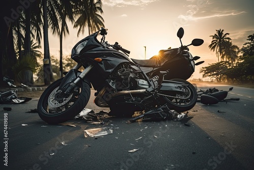 Motorcycle crash on the road in the city with sunset background, Motorcycle bike accident and car crash, broken and wrecked moto on road, AI Generated