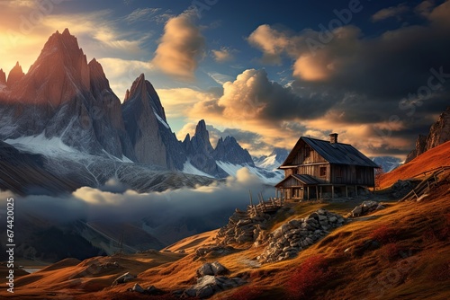 Fantastic landscape with old wooden house in the mountains at sunset, Mountains in fog with beautiful house and church at night in autumn. Landscape with high rocks, blue sky with moon, AI Generated