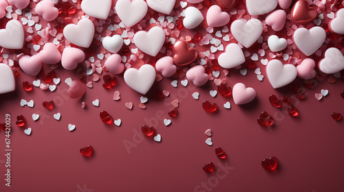 Red and pink paper hearts isolated on pink, Valentines Day background