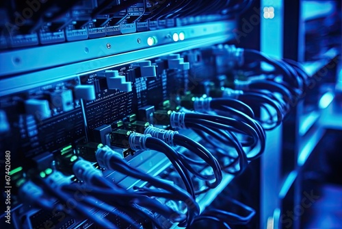 close up of fiber optic cables connected to servers in a data center, Network cables connected into switches. Ethernet router in data center. Digital information transmission equipment, AI Generated