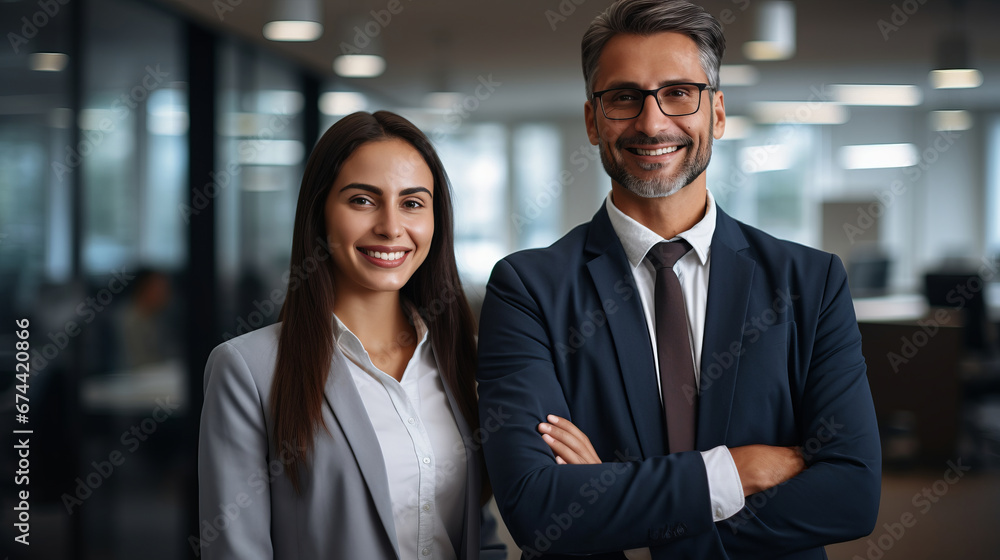 Business couple in formal clothes are smiling in the office Business couple in formal clothes are smiling in the office
