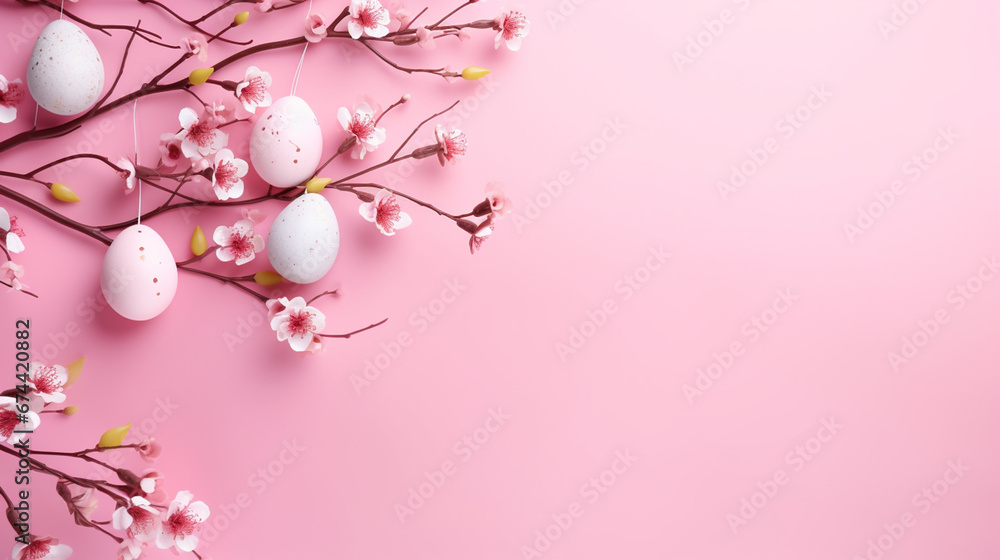 Naklejka premium Colorful Easter eggs with spring blossom flowers over pink background. Colored Egg Holiday border.