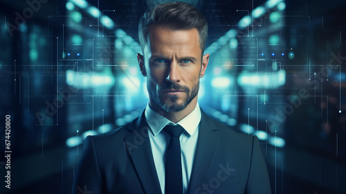 Portrait of businessman in formal clothes in futuristic office