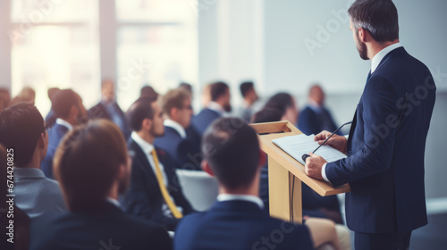 Business school, man in formal clothes is talking to audience