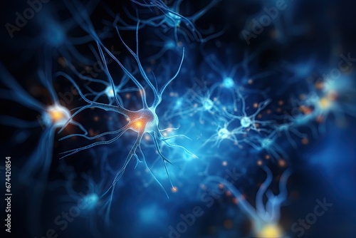 Neuron cell, 3D illustration, computer generated, abstract background, Neurons and nervous system. Nerve cells background with copy space, AI Generated