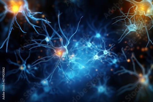 3d illustration of neuron cell with neurons and nervous system, abstract background, Neurons and nervous system. Nerve cells background with copy space, AI Generated photo
