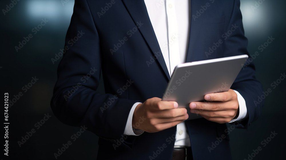 Businessman in formal clothes is standing and holding the tablet in hands Businessman in formal clothes is standing and holding the tablet in hands